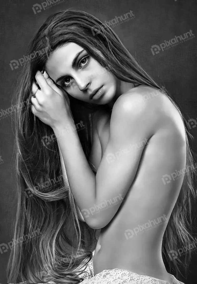 Monochrome Female Portrait: Hands Intertwined, Long Hair Cascading