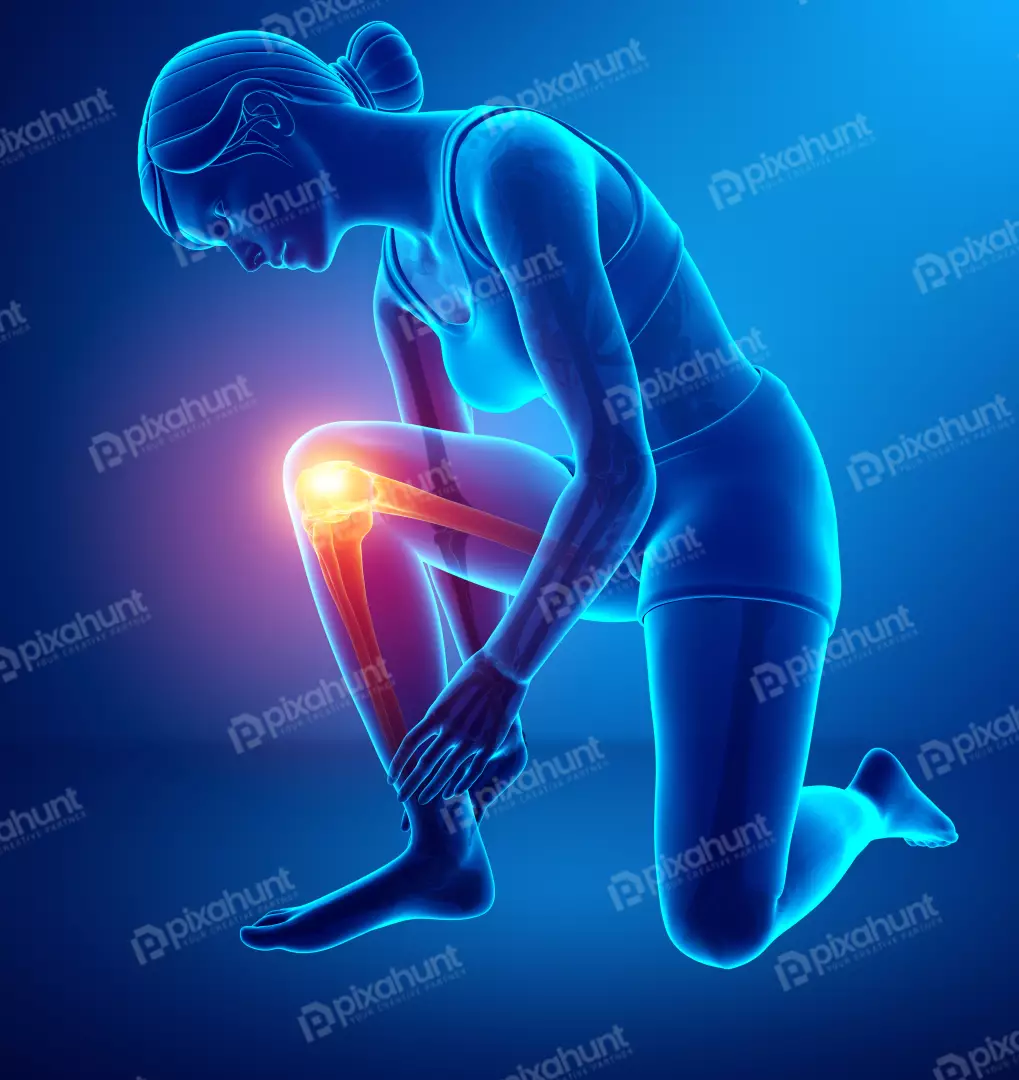 Female Anatomical Illustration Highlighting Knee Pain and Leg Injury in Glowing 3D Render