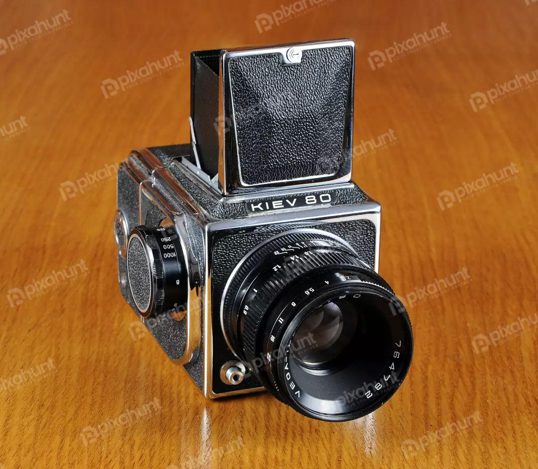 Vintage Kiev 80 Medium Format Camera with Lens on Wooden Desk