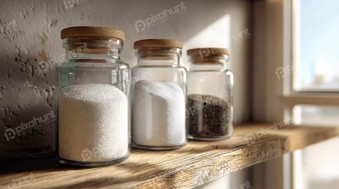 Three Minimalist Glass Jars with Seasonings on a Rustic Wooden Shelf