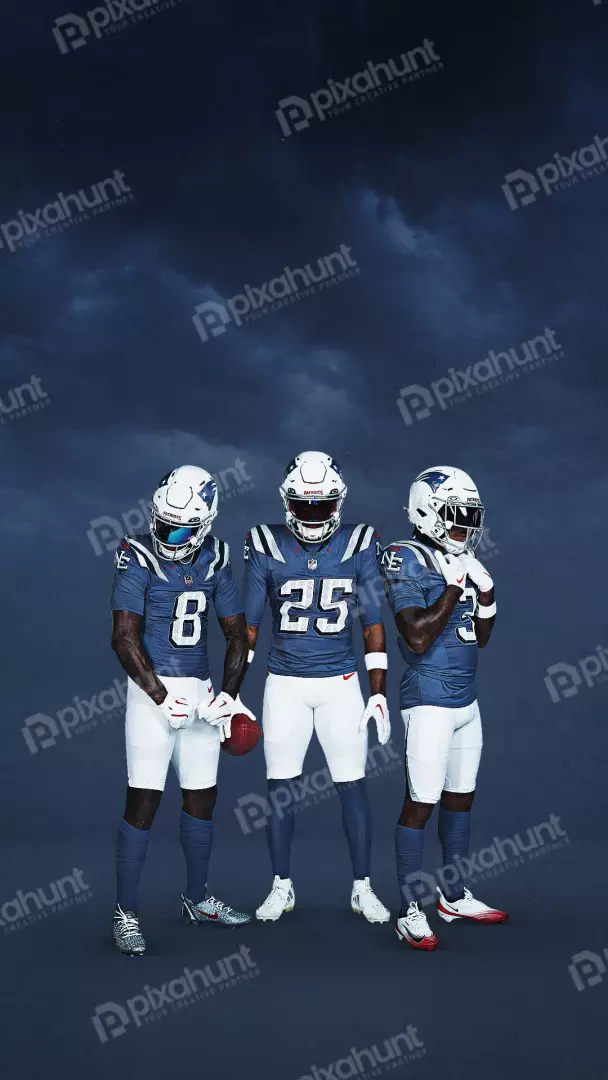 Three New England Patriots Football Players in Blue Uniforms Ready for Gameday