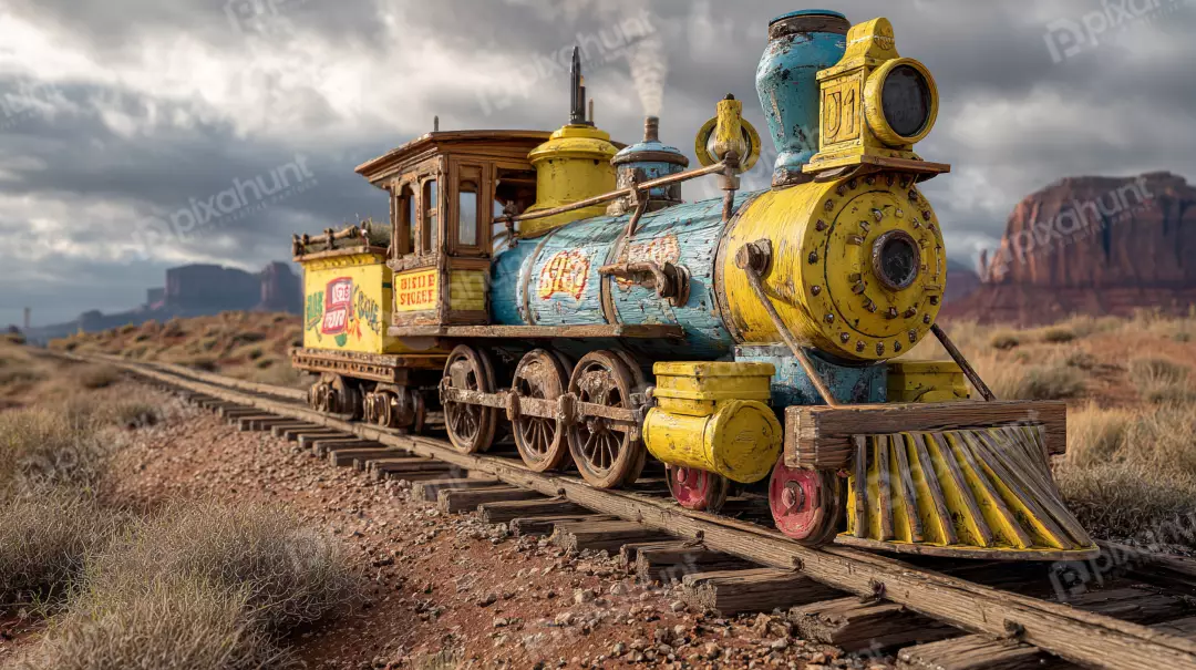 Free Premium Stock Photos Colorful vintage steam locomotive train on tracks in desert landscape