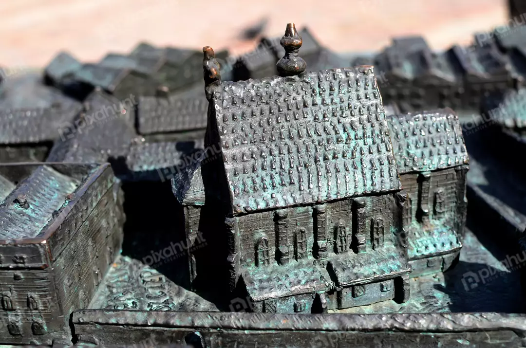 Oxidized Bronze Miniature of Medieval Cityscape Architectural Model with Patina