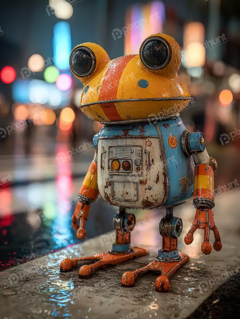 Free Premium Stock Photos Worn Robot Frog Stands in Rainy City Night with Bokeh Lights