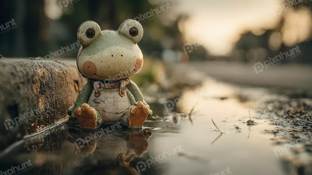 Free Premium Stock Photos Whimsical Frog Statue Sitting in a Puddle Reflecting the Sky