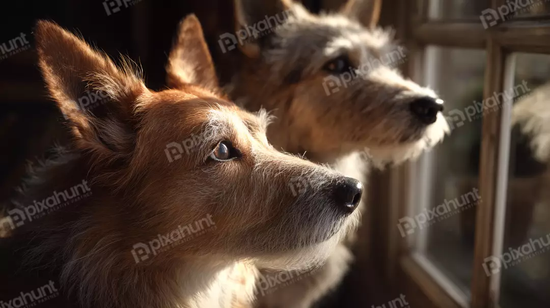 Two loyal dogs gazing intently through a rustic window with warm sunlight