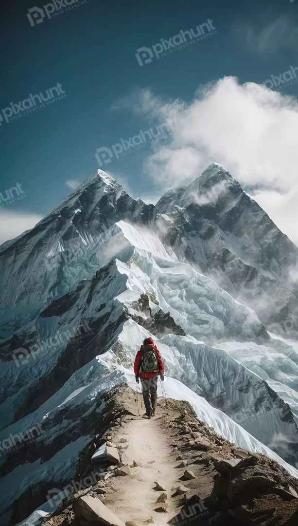 Free Premium Stock Photos Hiker Ascends Treacherous Icy Mountain Ridge Under Blue Sky