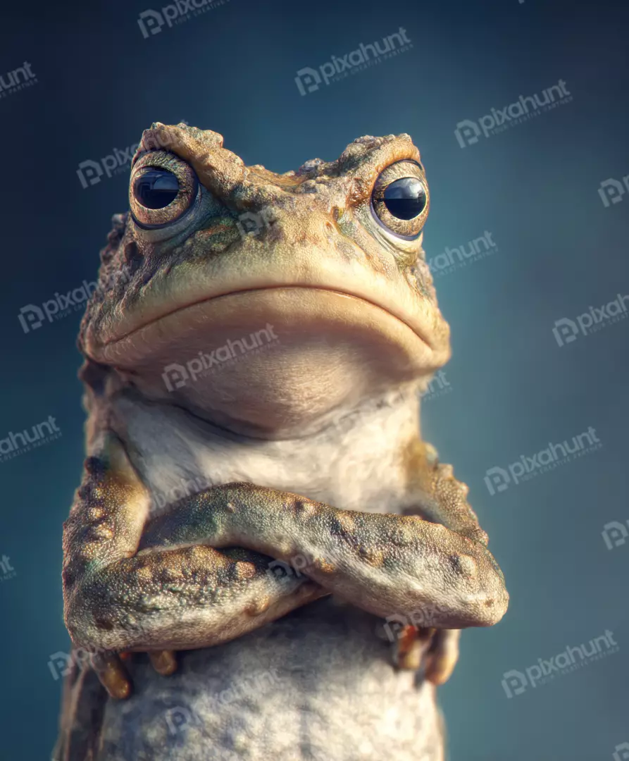 Slightly Grumpy Frog with Crossed Arms, Contemplating on a Dark Background