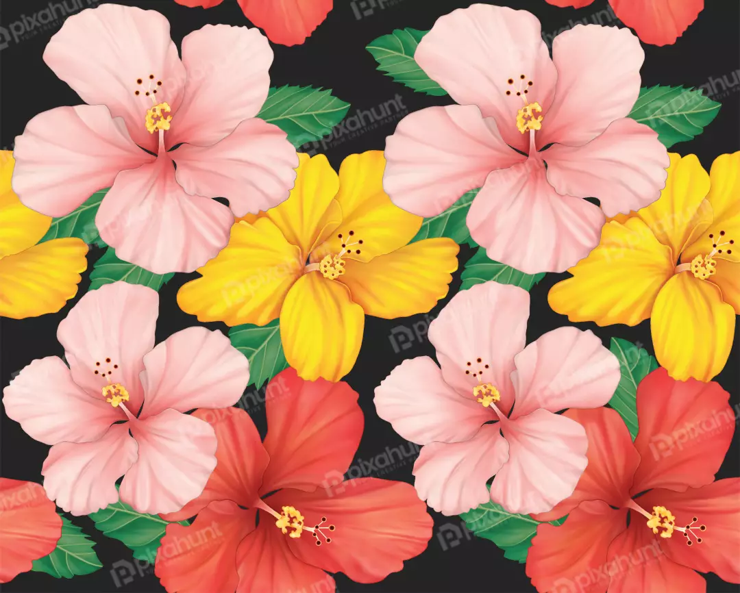 Vibrant Tropical Hibiscus Flowers Seamless Pattern on Dark Background
