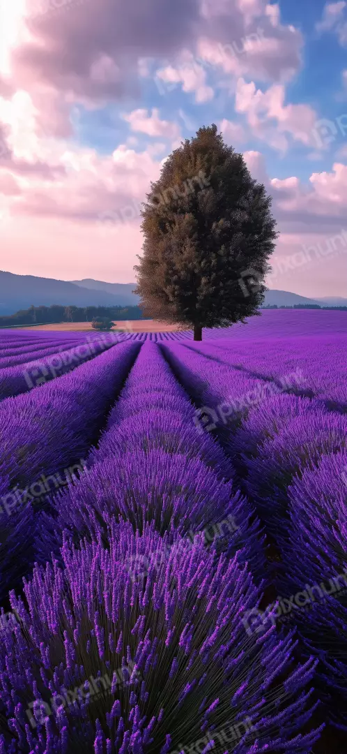 Free Premium Stock Photos Serene Lavender Field with Lone Tree Under Pastel Sunset Sky