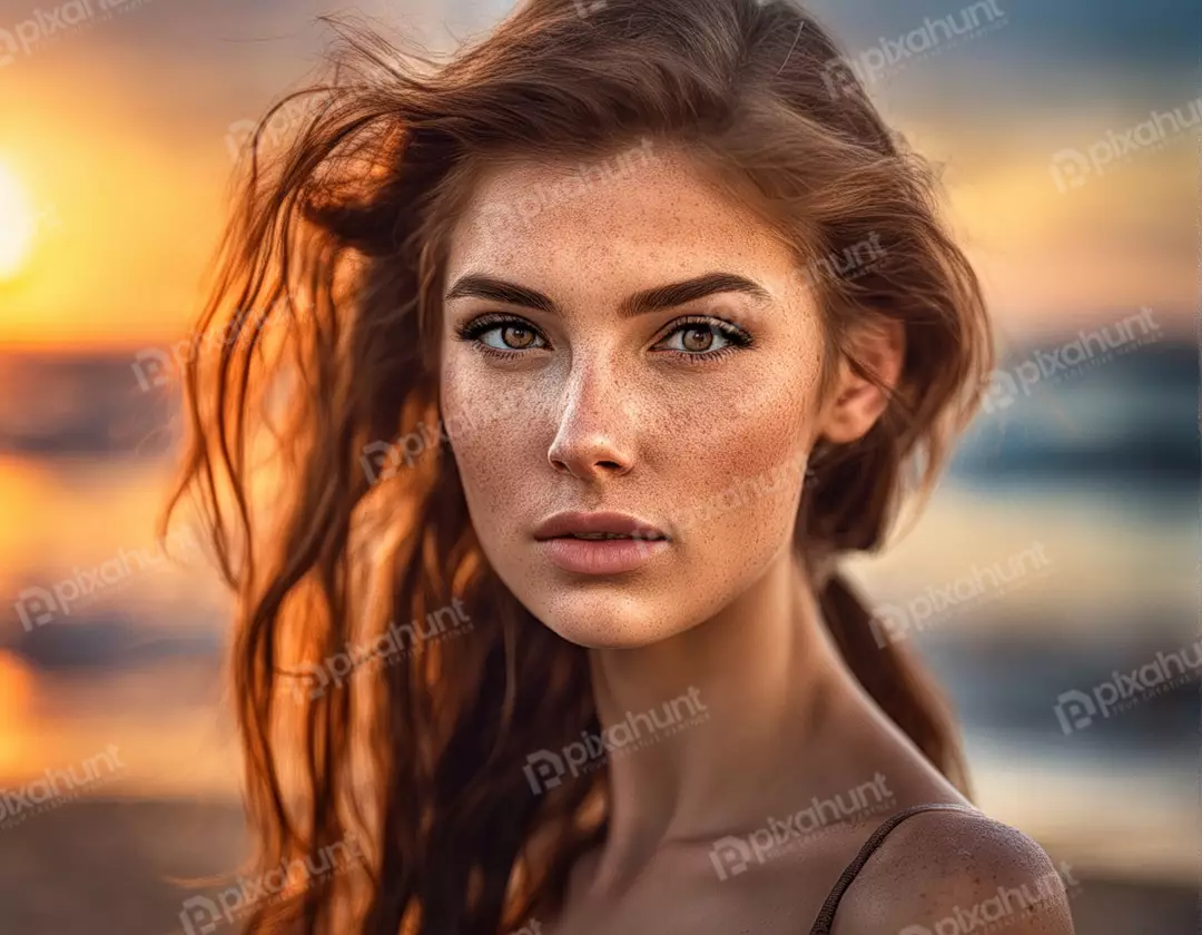 Intense Gaze Portrait of Young Woman with Freckles at Golden Sunset