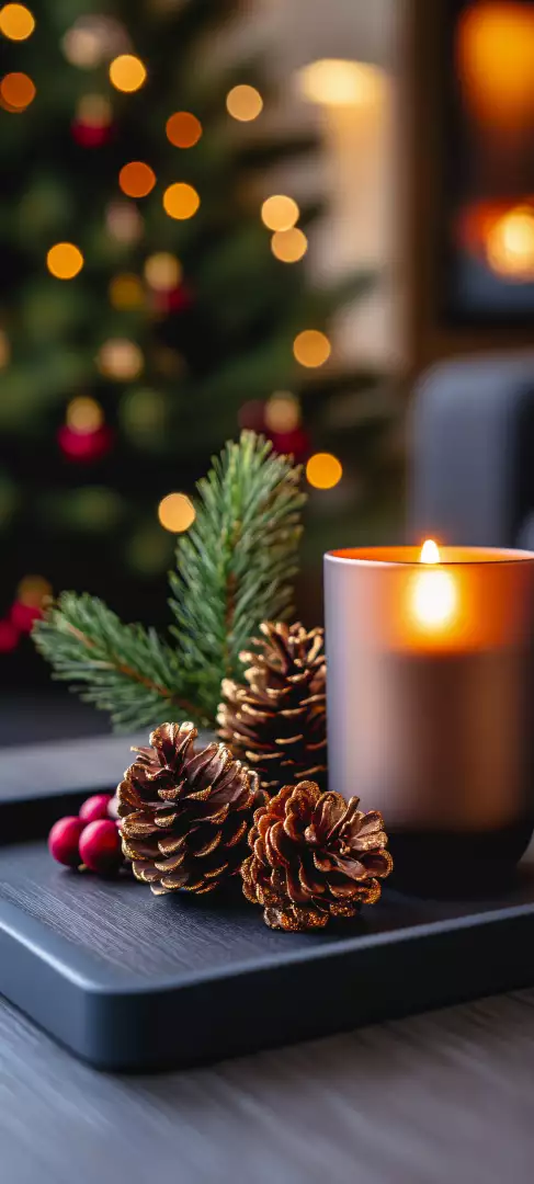 Free Premium Stock Photos Warm Christmas Candle Pinecones and Ornaments with Festive Lights Background
