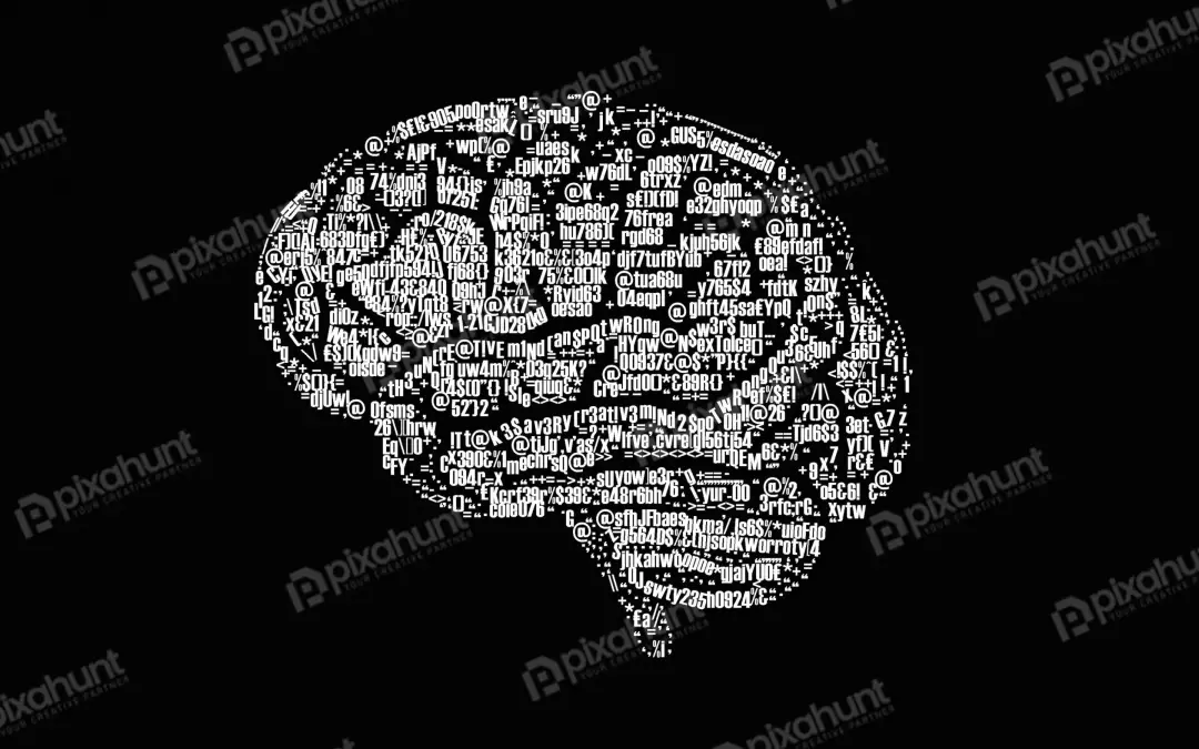 Abstract Digital Brain Formed by Code Characters, Symbols, and Data on Black Background