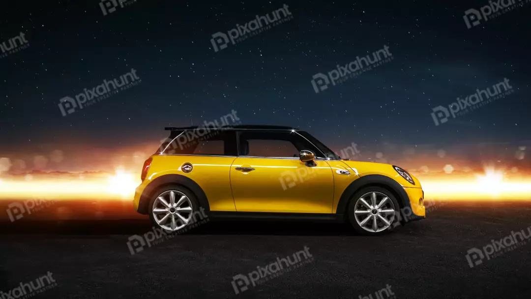 Stylish Yellow Compact Car on Asphalt Road at Night Under Starry Sky