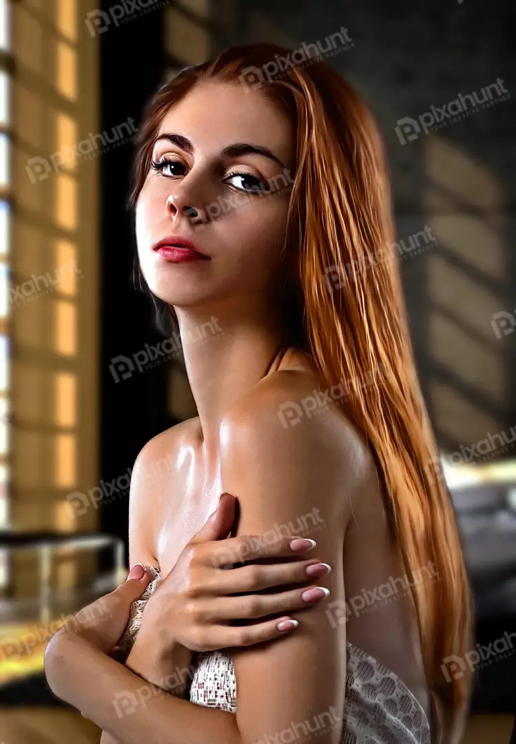 Captivating Young Woman with Long Reddish Hair and Intense Gaze Portrait