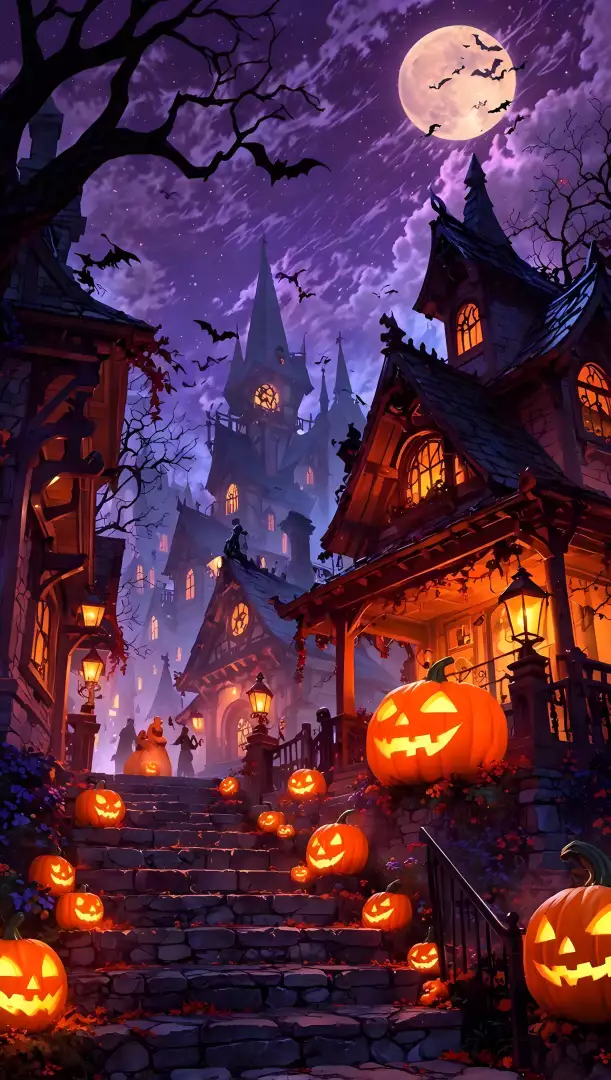 Free Premium Stock Photos Spooky Halloween night with jack-o lanterns lining stone steps under a full moon