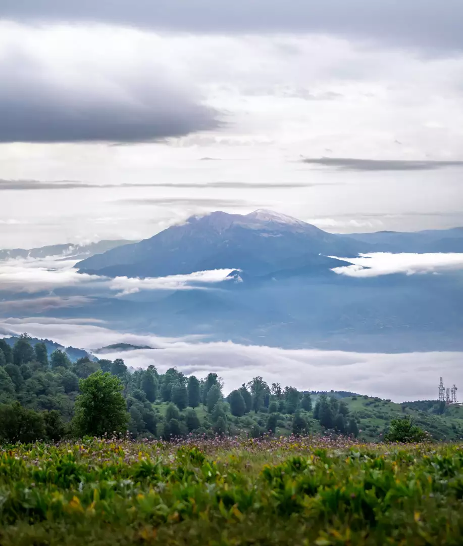 Free Premium Stock Photos Misty Mountain Landscape with Lush Green Fields and Towering Peaks