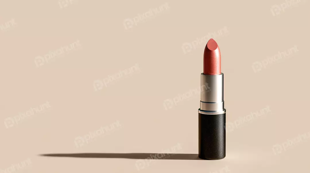 Free Premium Stock Photos Elegant Coral Lipstick with Metallic Finish on Minimalist Beige Background