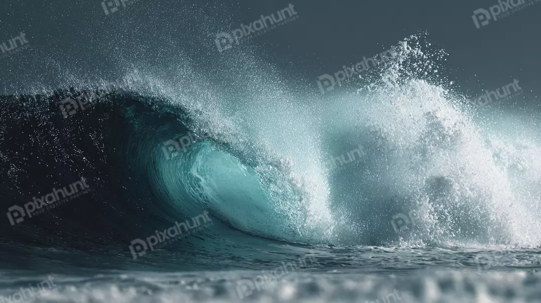 Free Premium Stock Photos Powerful Ocean Wave Breaking with Turquoise Barrel and Dynamic White Spray