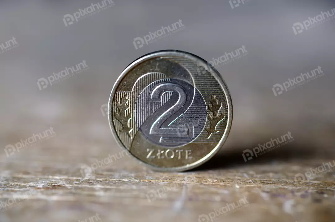 Polish 2 Złote Bi-Metallic Coin Standing on Textured Wood
