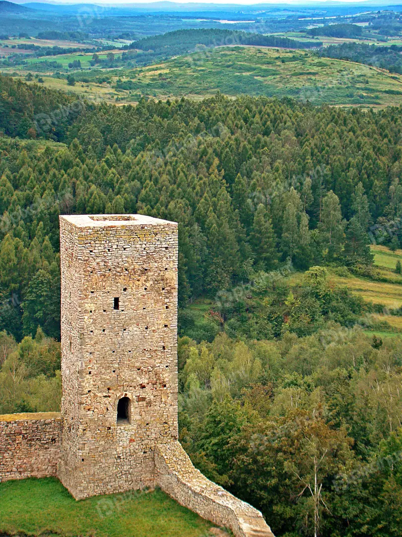 Ancient Stone Watchtower Overlooking Expansive Green Forest Valley Landscape
