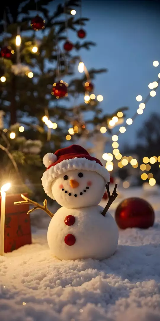 Free Premium Stock Photos A charming snowman with a Santa hat sits in the snow by a Christmas tree and festive lights.