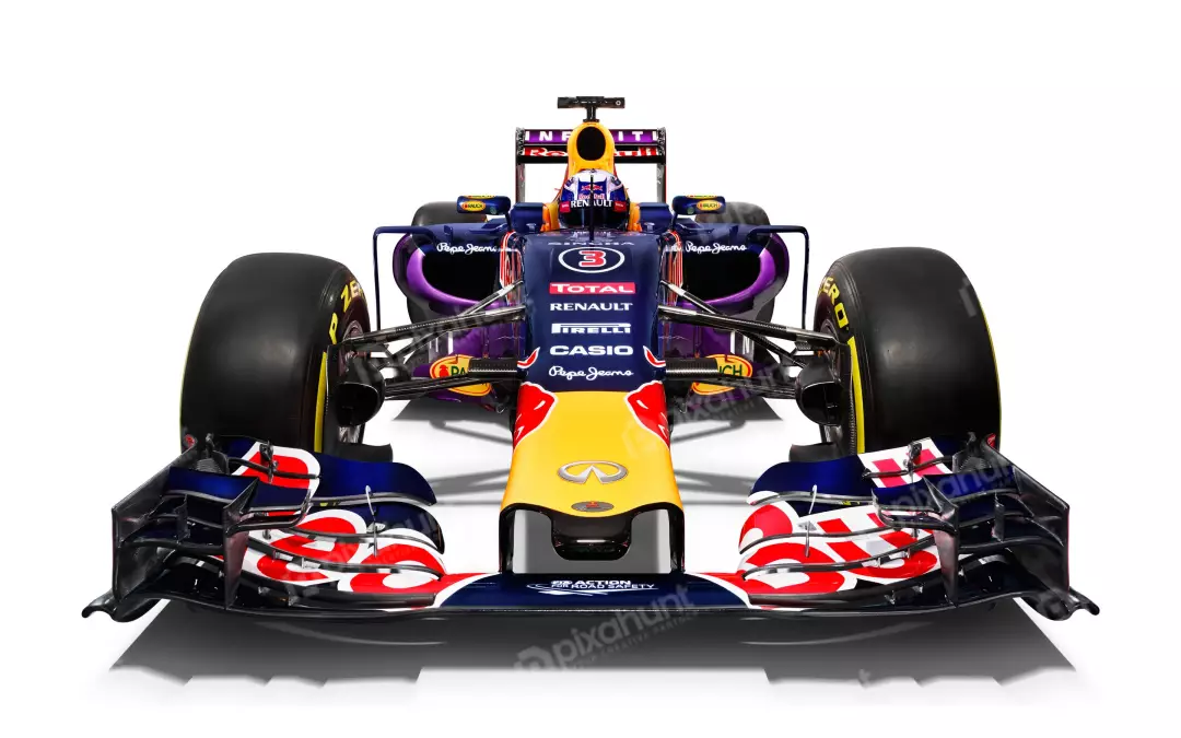 Dynamic Formula 1 Racing Car Front View Isolated on White Background