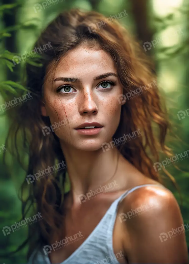Young Woman with Emerald Eyes and Freckles in Lush Green Forest