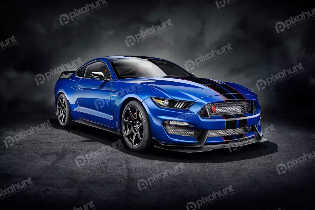 Dynamic Blue Ford Mustang GT350 Sports Car with Racing Stripes