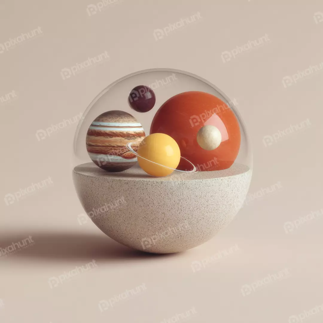Abstract 3D Planetary Forms in Glass Dome with Textured Base