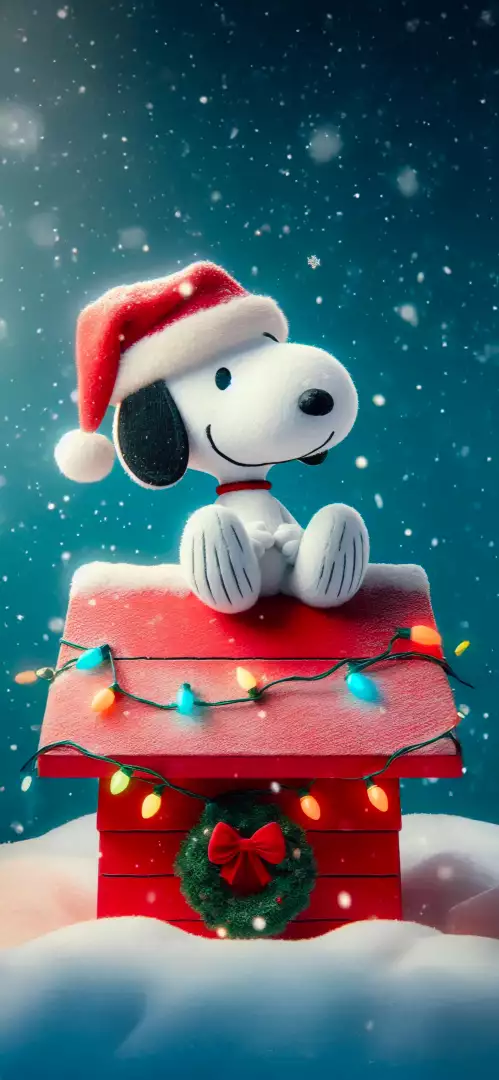Free Premium Stock Photos Snoopy in Santa Hat Sits on Doghouse with Christmas Lights and Wreath
