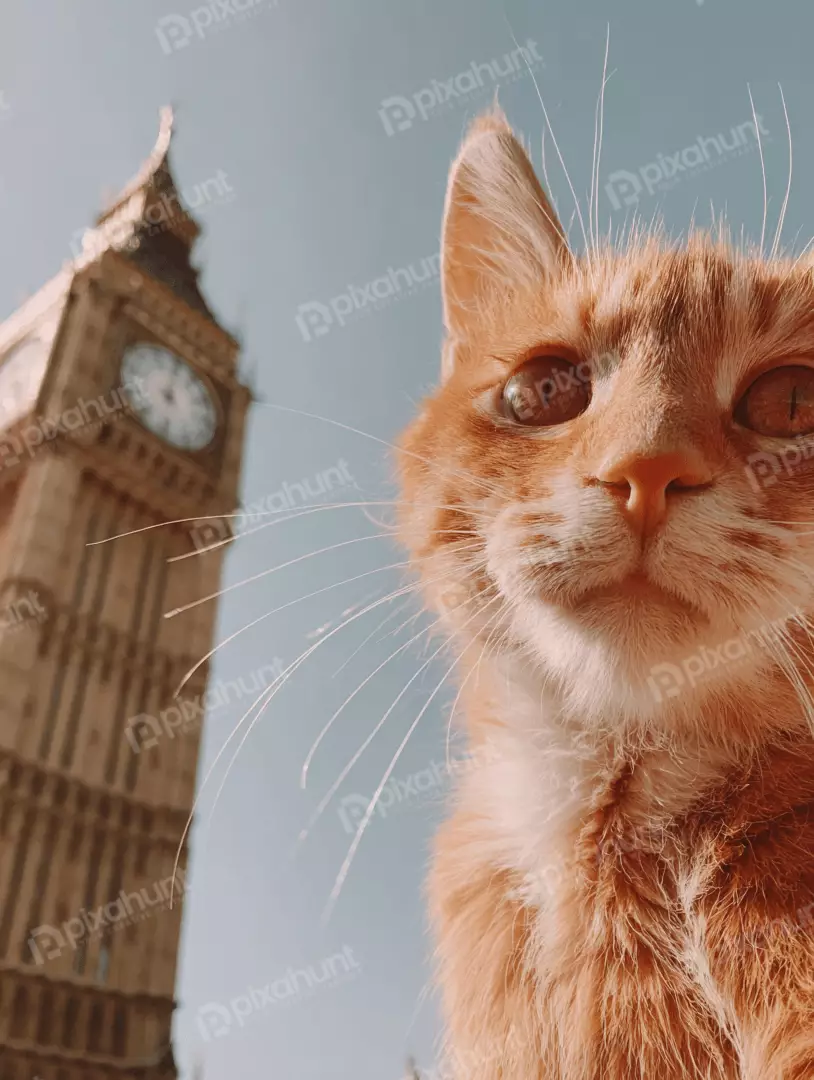 Free Premium Stock Photos Curious Orange Cat in a Unique Close-up with London's Iconic Big Ben Clock Tower
