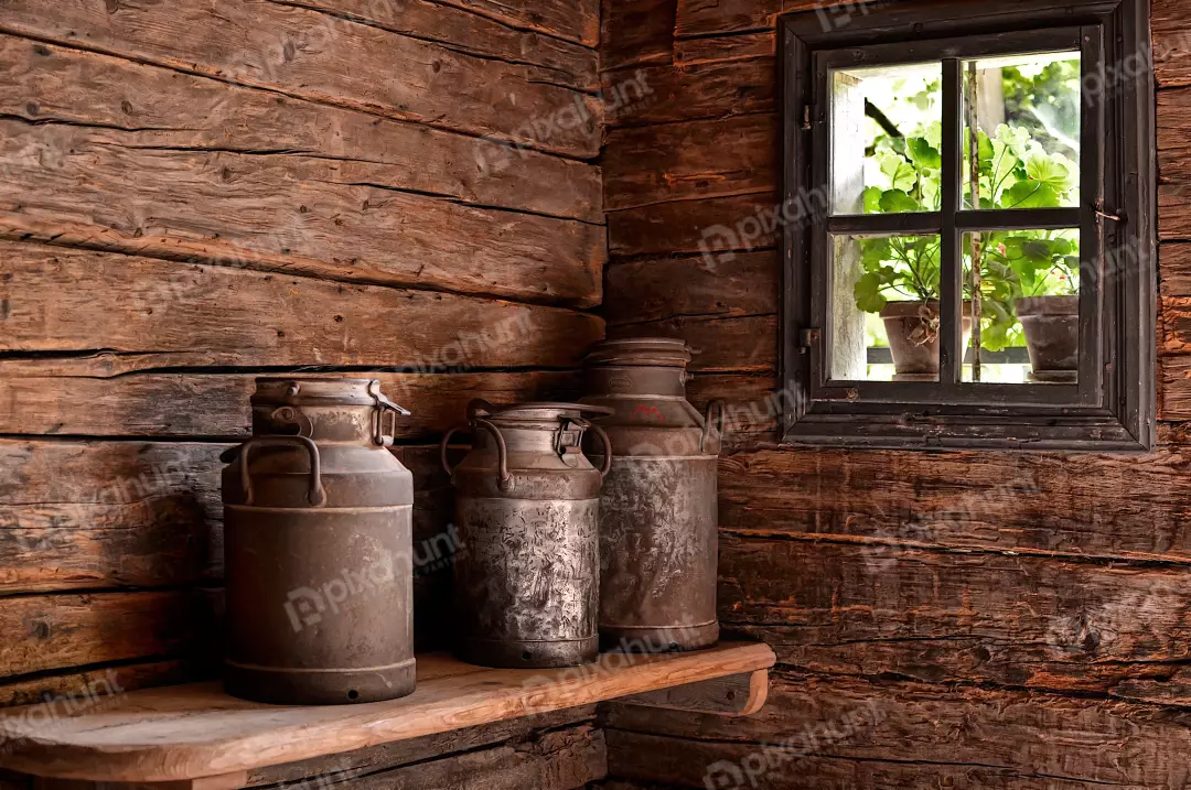 Rustic Cabin Interior with Vintage Milk Churns and Window Plants