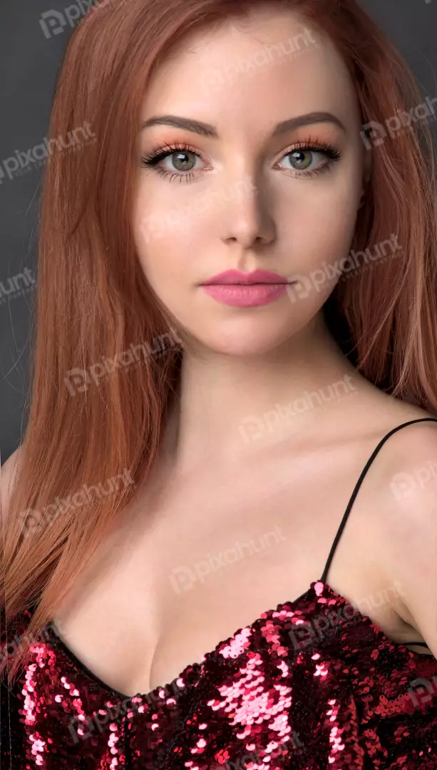 Stunning Redhead Woman with Green Eyes in Sparkling Sequined Dress