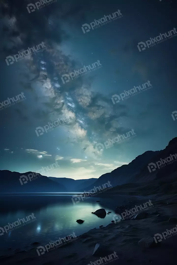 Free Premium Stock Photos Serene Night Landscape with Milky Way Over Calm Lake and Mountains