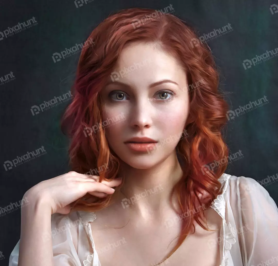 Pensive Redhead Woman in Ethereal White Dress with Delicate Lace