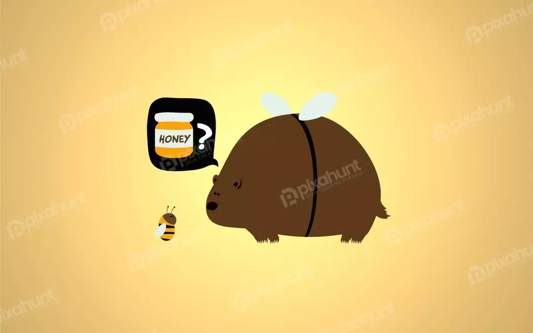 Whimsical Cartoon Bear and Bee Pondering a Jar of Honey