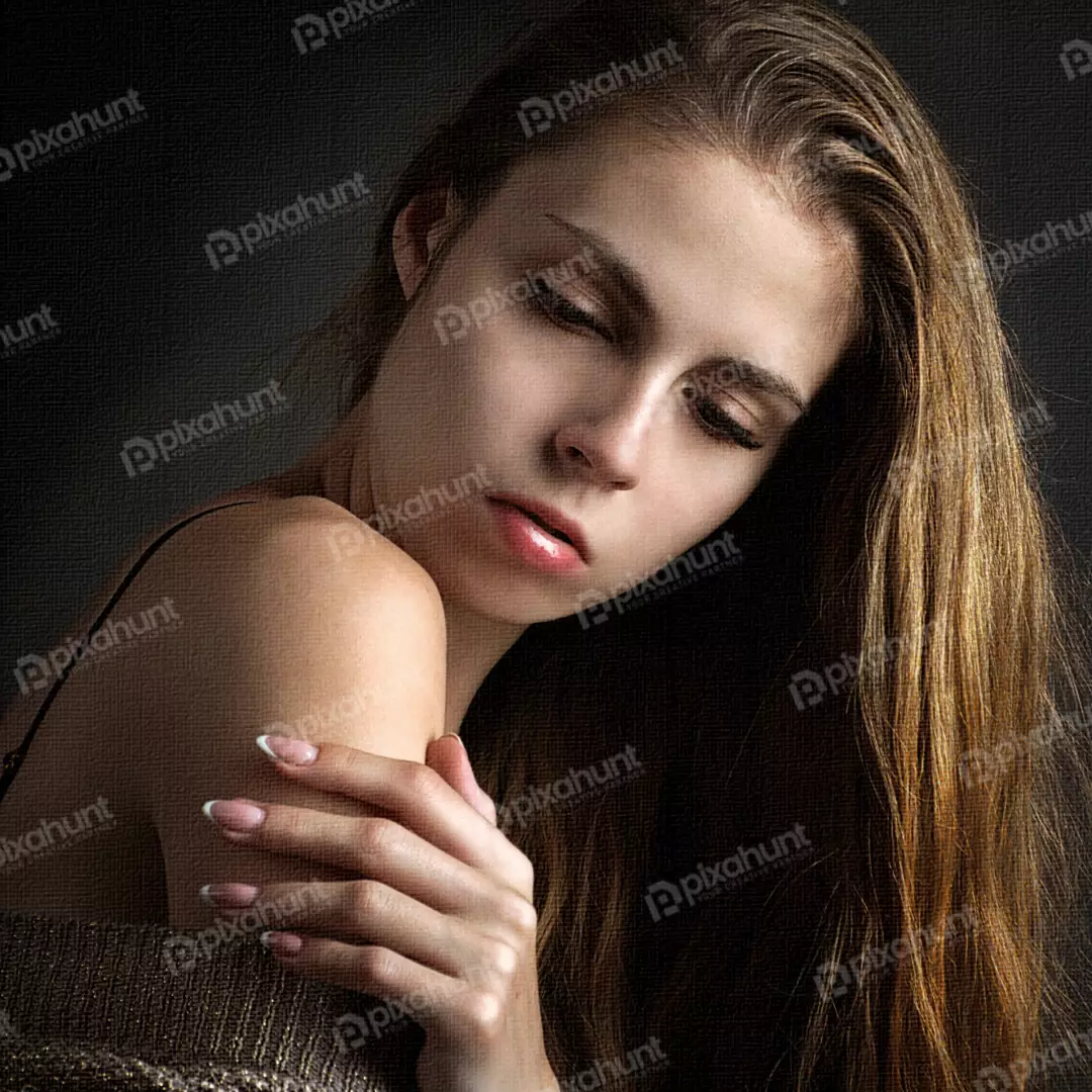 Serene Young Woman with Eyes Closed and Hand on Shoulder