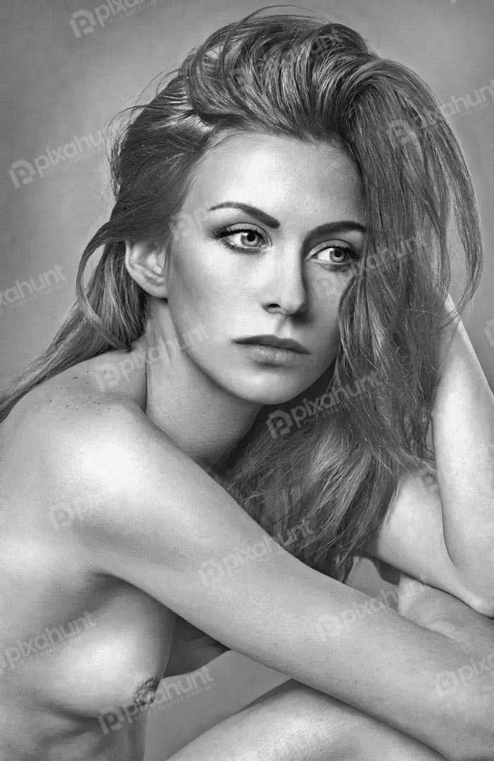 Pensive Bare-Shouldered Woman with Long Wavy Hair Black and White Portrait