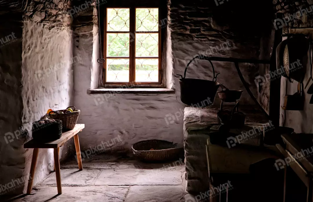 Rustic Stone Kitchen with Hanging Cauldron, Sunlight Interior