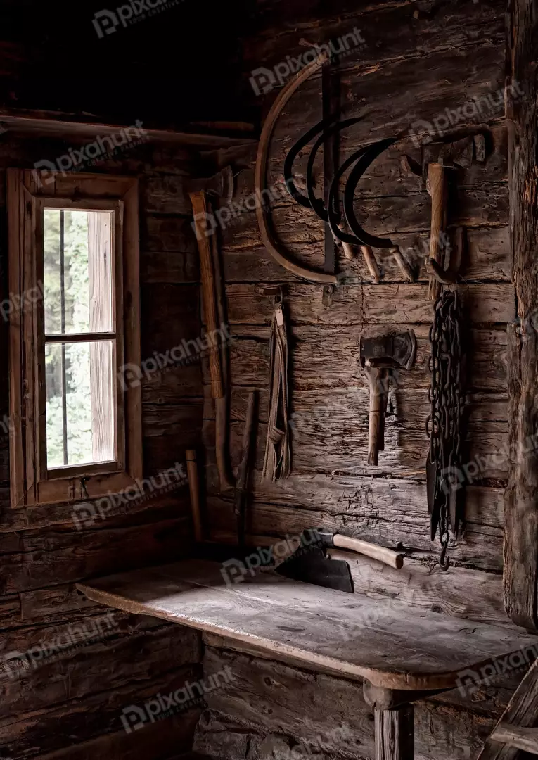 Rustic Old Workshop with Vintage Farm Tools and Wooden Workbench