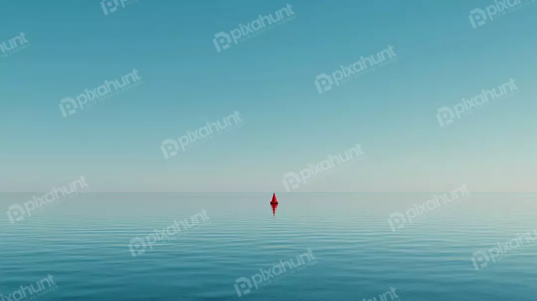 Free Premium Stock Photos Serene Ocean Horizon with Minimalist Red Buoy and Calm Waters