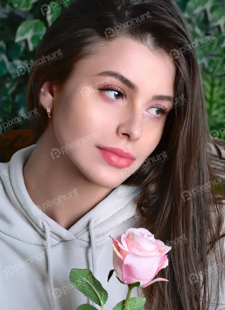 Young Woman Holding Pink Rose with Thoughtful Gaze and Natural Beauty