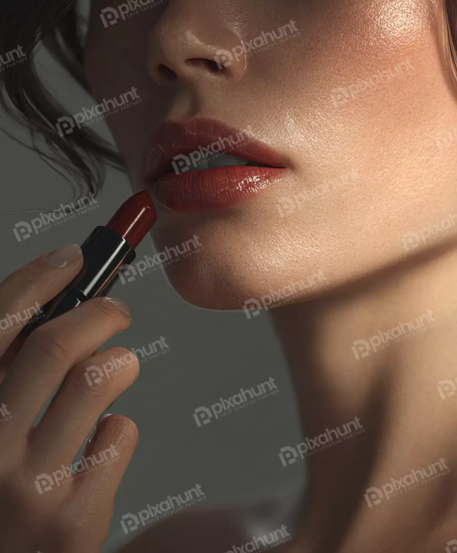 Detailed View of a Woman Applying Elegant Red Lipstick for Beauty Makeup