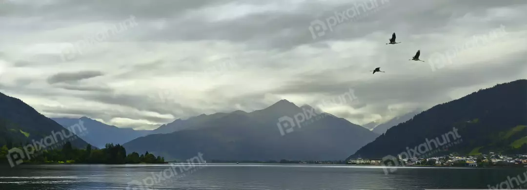 Three Birds Flying Over Serene Mountain Lake Landscape Under Cloudy Sky
