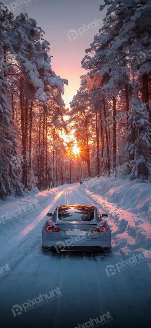 Free Premium Stock Photos Tesla drives through a snowy forest at sunset