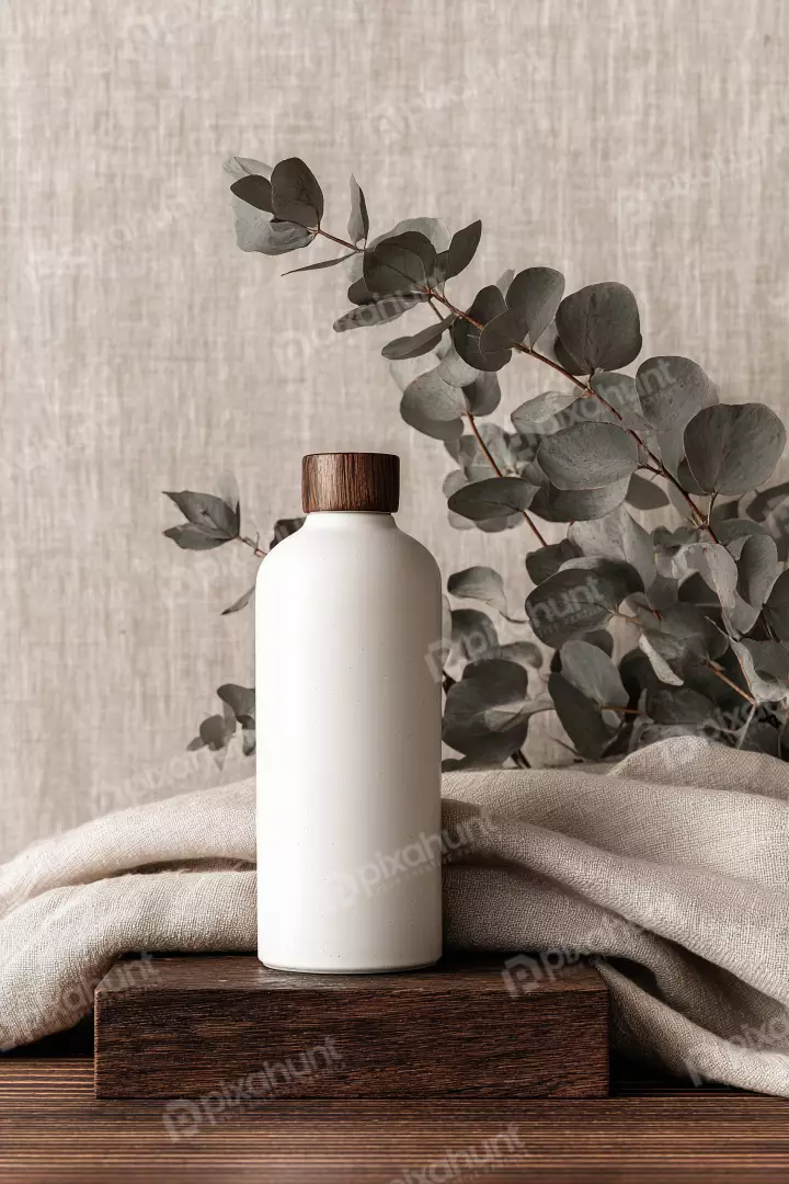 Free Premium Stock Photos Minimalist Product Styling: White Bottle with Eucalyptus on Linen Background