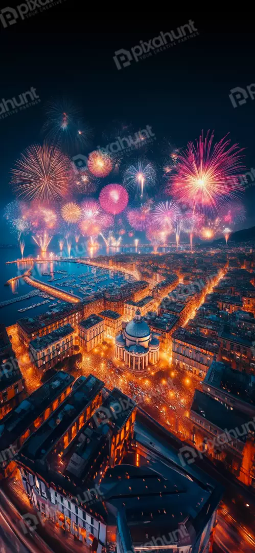 Free Premium Stock Photos Spectacular Cityscape Fireworks Display Over a Bustling Harbor at Night