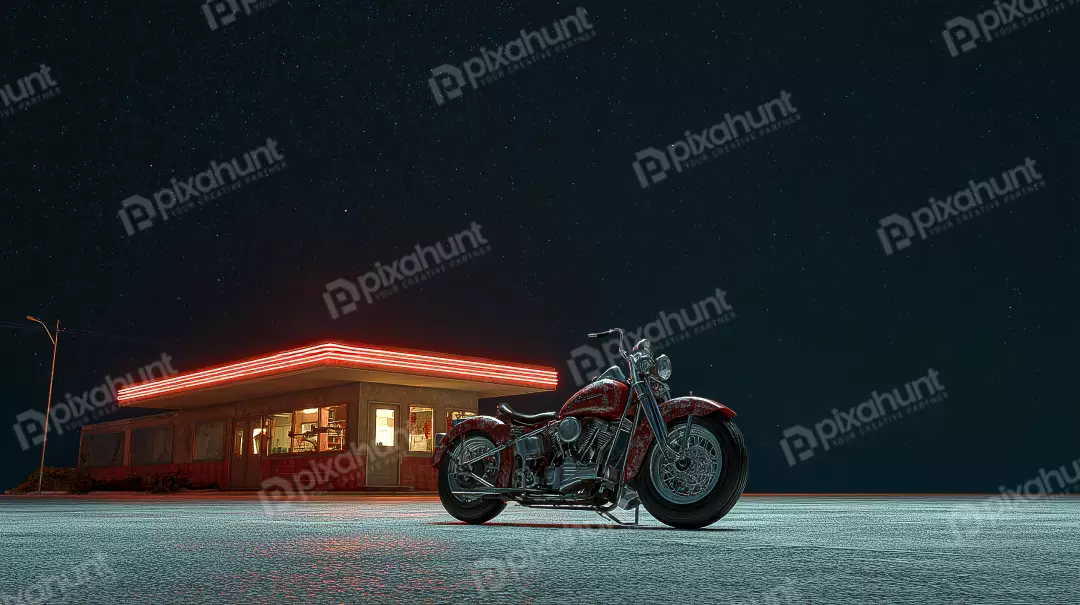 Free Premium Stock Photos Classic Red Motorcycle Parked at Retro Diner Under Starry Night Sky