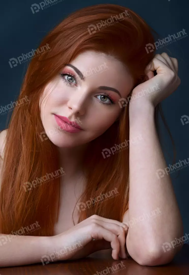 Red-Haired Woman with Pink Makeup and Thoughtful Expression
